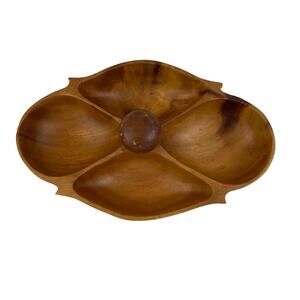 Vintage Monkey Pod Wood Tray Divided Handled Made in Philippines 11.5"x7.25"